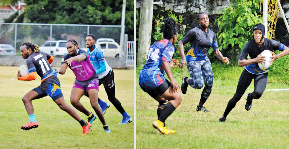 Image: Flashback 2020!! (L-R) Rugby action in the men and women’s 7s tournament. (Photo: Anthony De Beauville) 