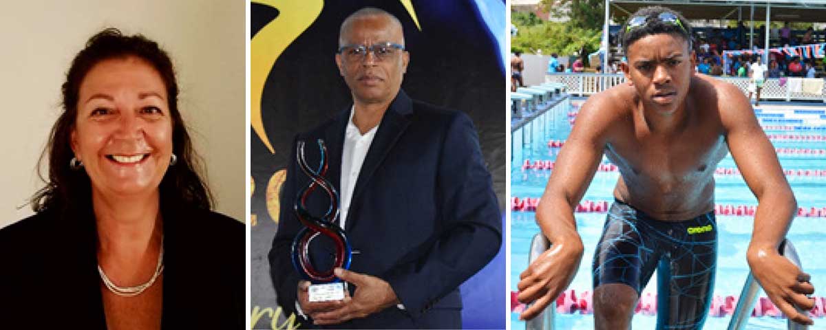 Image: UANA President, Maureen Croes; SLAF President, Eddie Hazell and national swimmer, Jayhan Odlum - Smith set and ready to compete. (PHOTO: MC/ Anthony De Beauville)
