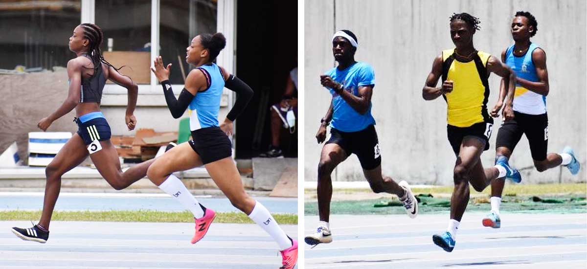 Image: (L-R) Aaliyah Estephorenroute to winning the Women 400 metres Heat No 2 ; Asa Francis (yellow top) on his way to wining the Men 400 metres Heat No. 3. (PHOTO: MA) 