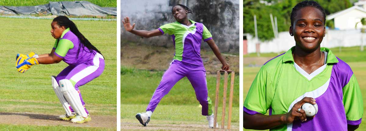 Image: (L-R) South Castries Ashlene Edward (wicketkeeper/ opening batter), Nerissa Crafton (left arm seamer) and Teeadie Crawford (right arm seamer). (PHOTO: Anthony De Beauville)