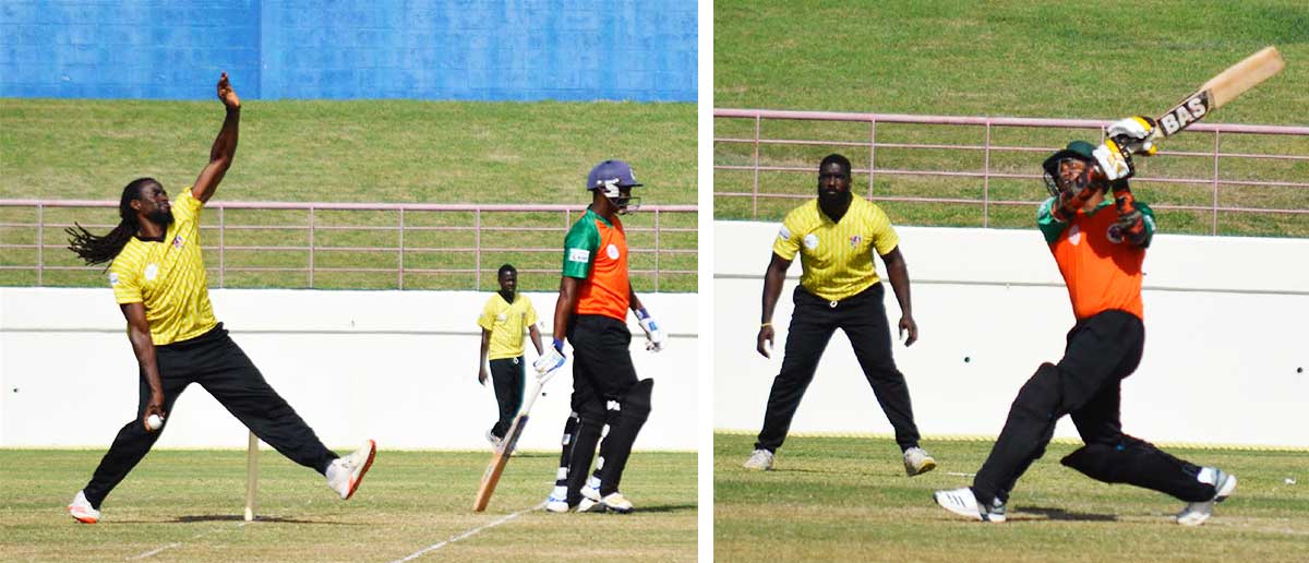 Image: (L-R) Craig Emmanuel(Mon Repos Stars) conceded 27 runs in the penultimate over; Jason Simon hit Craig Emmanuel for a towering six. (PHOTO: Anthony De Beauville)
