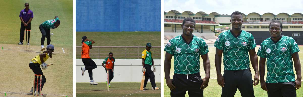 Image: (L-R) Daren Sammy (Micoud Eagles) bowls a delivery to Craig Emmanuel (Mon Repos Stars); Audy Alexander (CCP) picked up 1 for 13; the Sammy brothers, Lanse, Daren and Murlan were in action yesterday against Choiseul Coal Pots. (PHOTO: Anthony De Beauville) 