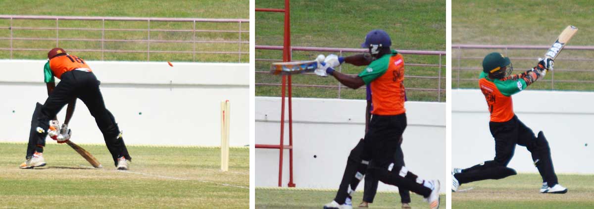 Image: (L-R) Junior Henry bowled by Daniel Baptiste for 18; Vince Smith caught off the glove for 0; Jason Simon top scored for CCP with 43 not out (Photo: Anthony De Beauville)