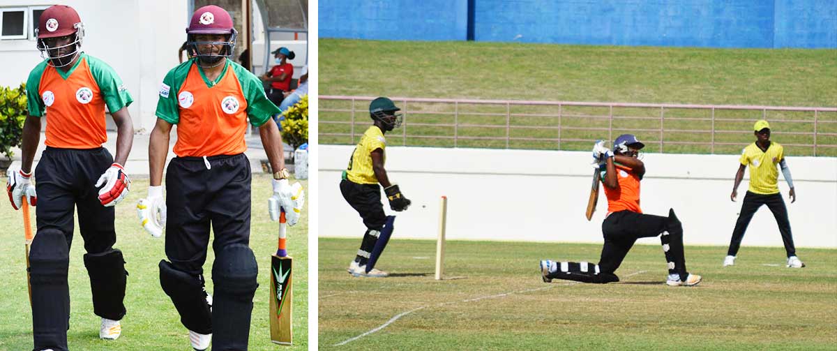 Image: (L-R) Choiseul opening batsmen, Junior Henry and Audy Alexander put on 77 for the first wicket in 6.5 overs; No.3 Vince Smith goes for the maximum. (PHOTO: Anthony De Beauville) 