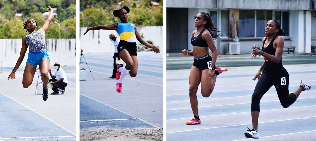 Image: (L-R) Kereser Augustin and Mya Jade Napoleon 1st & 2nd in the Women Long Jump; Hanna Charles (black tights ) and Kayla Charles 1st & 2nd in the Women 100 metres Heat No.2. (PHOTO: MA) 