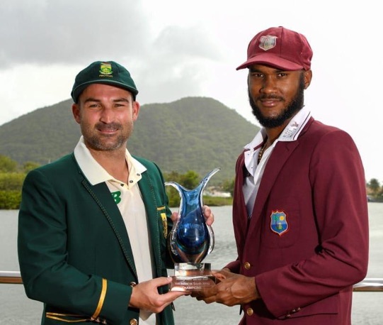 (Left-right) South Africa captain Dean Edgar and West Indies captain Kraigg Brathwaite with the Betway trophy