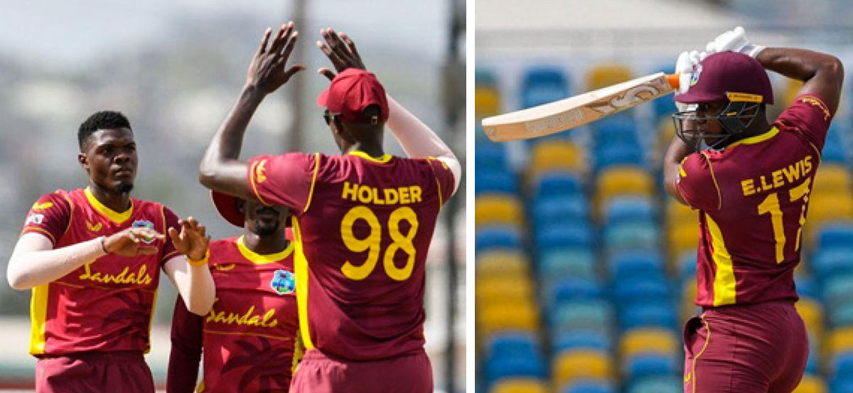(L-R)Alzarri Joseph added to West Indies early inroads, Evin Lewis returned from a blow on the helmet to make an unbeaten fifty. (Photo: AFP) 