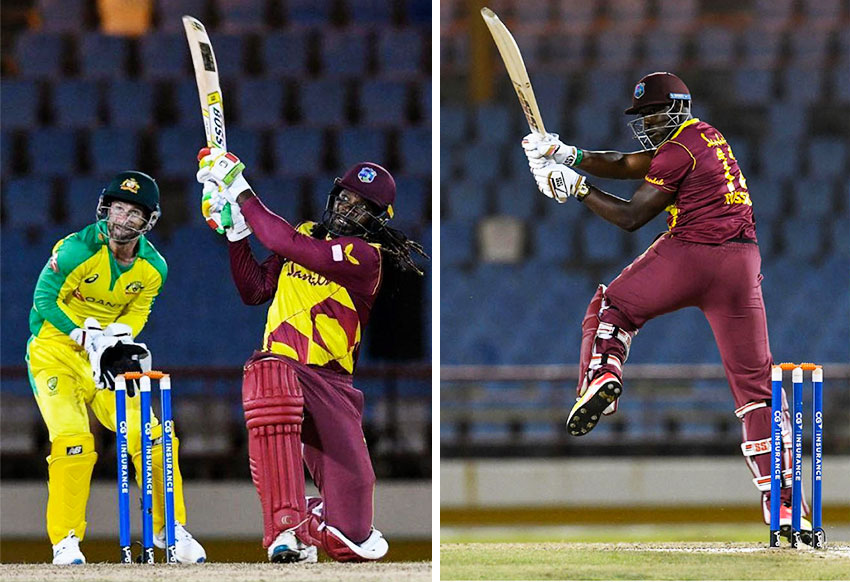 Image: (L-R) Chris Gayle goes big, Andre Russell sent the ball miles during his fifty. (Photo: AFP/ GI)