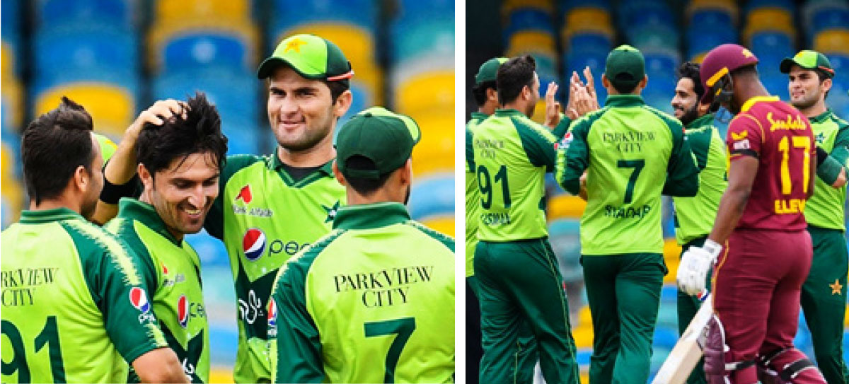 Mohammad Wasim celebrates with team- mates after getting Chris Gayle wicket, Hasan Ali dismissed Evin Lewis cheaply. (Photo: AFP/GI)