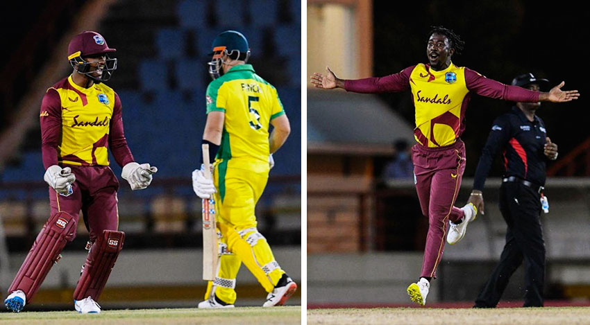 (L-R) Nicholas Pooran celebrates the wicket of his opposite number, Aaron Finch caught by Fabian Allen off the bowling of Hayden Walsh Jr, Hayden Walsh Jr celebrates a wicket. (Photo: AFP)