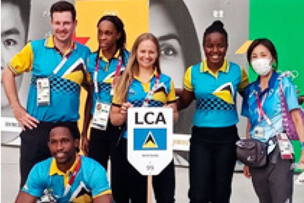 Some members of the Saint Lucia Olympic team minutes before the parade of teams