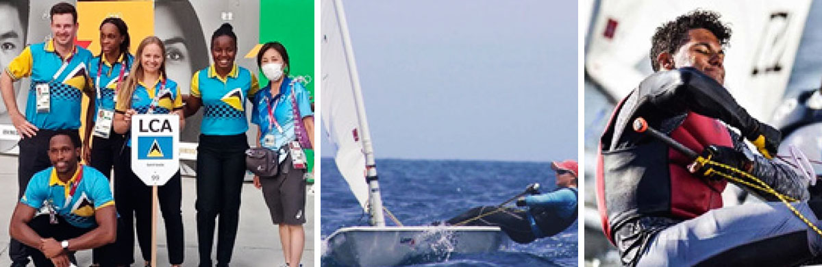 (L-R) Some members of the Saint Lucia Olympic team minutes before the parade of teams, Saint Lucia Laser Redial competitors, Stephanie Devaux - Lovell and Luc Chevrier. (Photo: TSLU/ SDL/LC)
