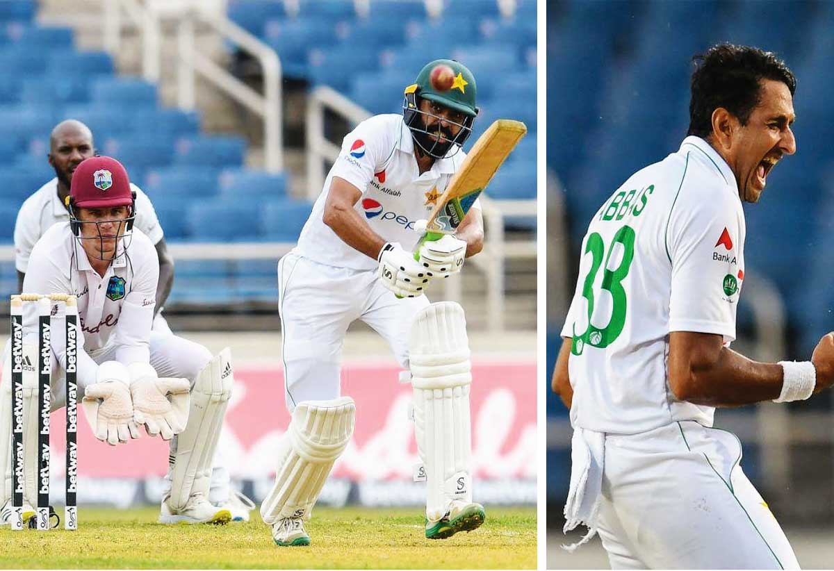 Fawad Alam top scored for Pakistan (56), Mohammad Abbas celebrate a wicket, Abbas made early in roads in the West Indies innings on day one (Photo: AFP/ GI)