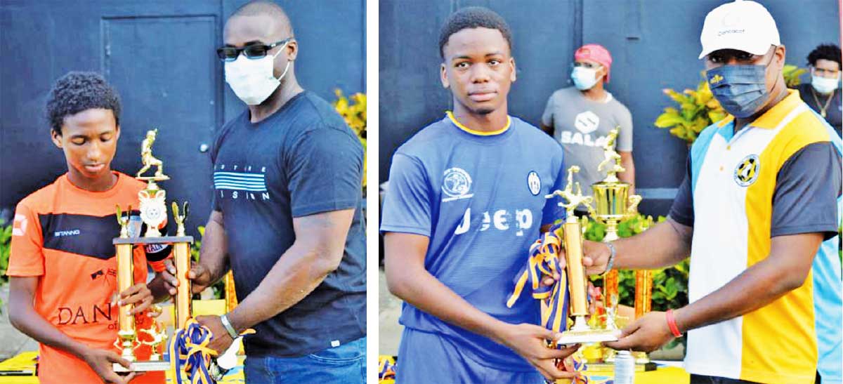 (L-R) GMC United (2nd place) and Pioneers FC (3rd place) Under 14 captains receiving trophy and medals from Parliamentary Representative for Gros Islet, Kenson Casimir and SLFA representative, Kendall Emmanuel. (Photo: Anthony De Beauville)