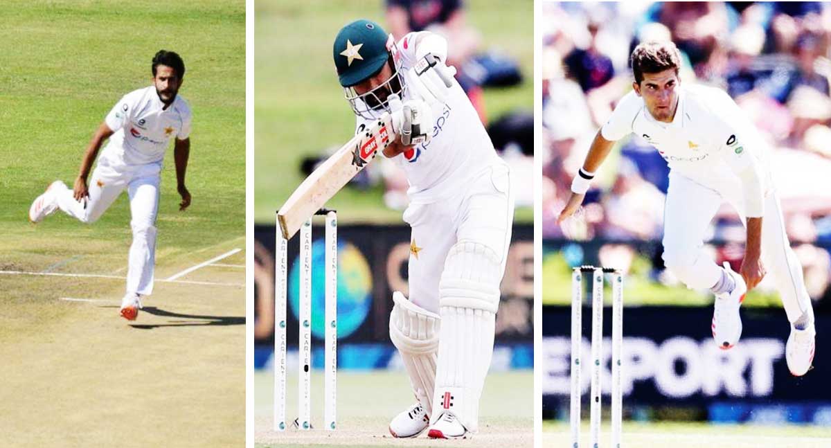 (L-R) Pakistan players Hasan Ali, Mohammad Rizwan and Shaheen Afridi. (Photo: ZC/AFP/GI)