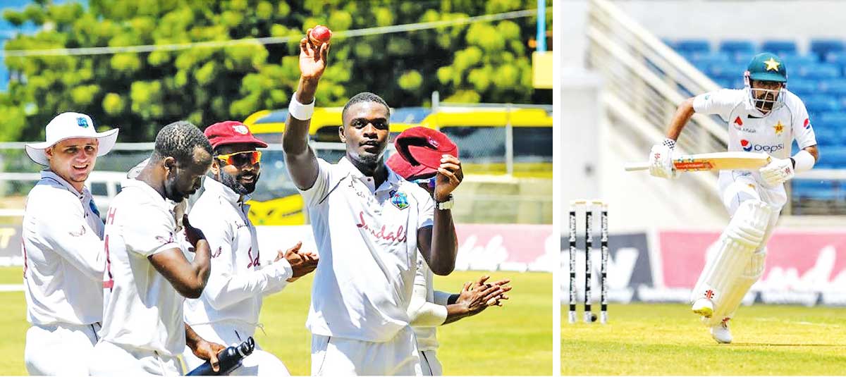 (L-R) Jayden Seales became the youngest West Indies bowler to take a Test-match five-for; Pakistan captain Babar Azam races across for a quick single during his innings of 55. (AFP/GI)