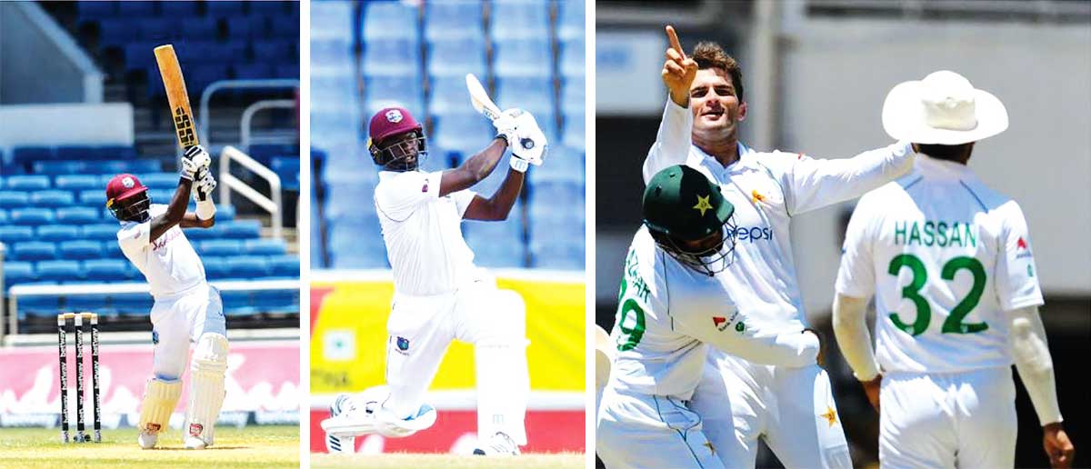 (L-R) Jermaine Blackwood top scored with 55, Kemar Roach 30 not out, Azhar Ali joins Shaheen Afridi in celebration after Bonner is bowled. (AFP GI/ CWI Media)