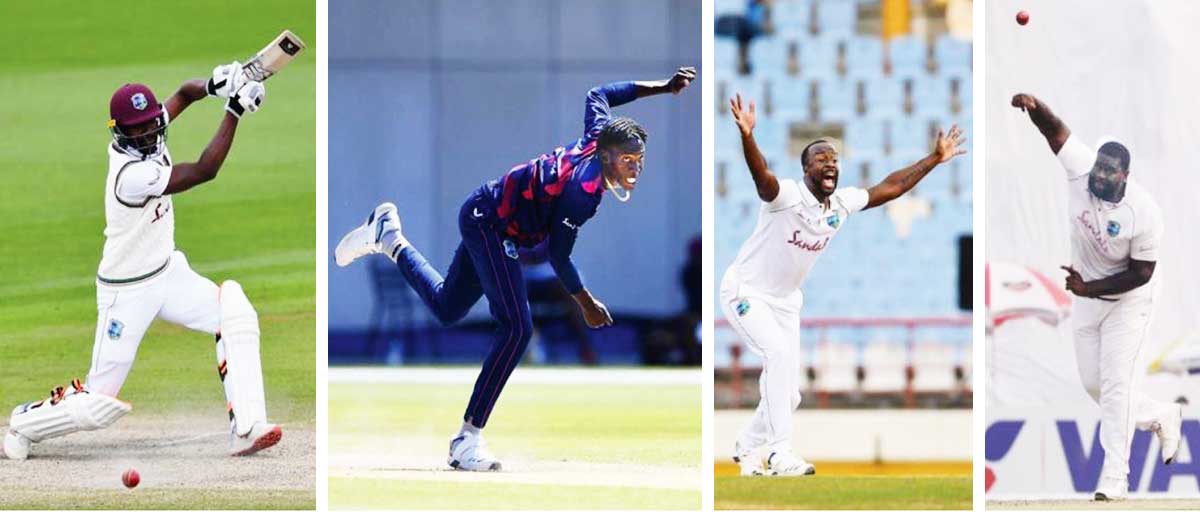 (L-R) West Indies players Shamarh Brooks, Chemar Holder, Kemar Roach and Rahkeem Cornwall. (Photo: GI/AFP/BCB)