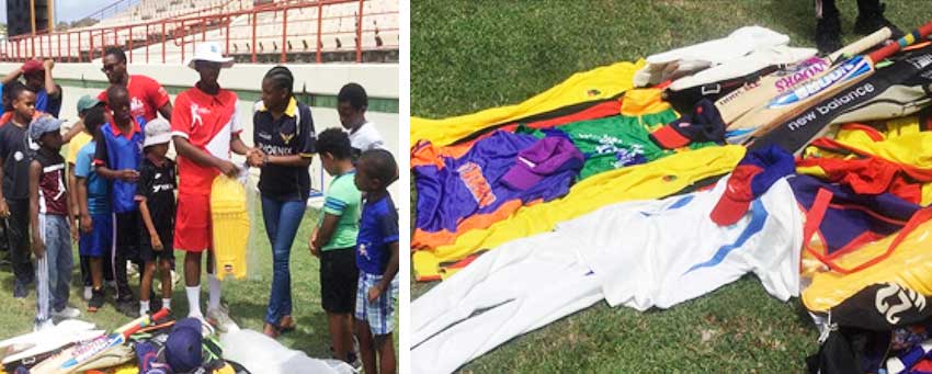 (L-R) Roslyn Emmanuel’s granddaughter, Sky Smith making a presentation; some of the equipment sent down by Roslyn Emmanuel. (Photo: AC) 