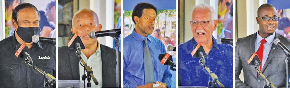 (L-R) Sandals Regional Public Relations Manager, Sunil Ramdeen, Sandals Resorts Saint Lucia Managing Director, Winston Anderson, President of Saint Lucia National Cricket Association, Carol Henry, renowned cricket commentator, Joseph Perreira and Youth Development and Sports Minister, Kenson Casimir. (Photo: Anthony De Beauville)