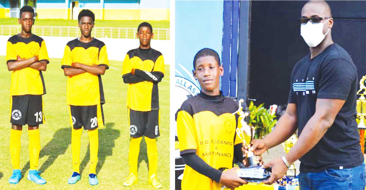 (L-R) The goal scorers for Northern United FC Traylan Henry, Kenrick Joseph and Devonte Howell; Devonte Howell receiving his Player of the final award from, Parliamentary Representative for Gros Islet, Kenson Casimir. (Photo: Anthony De Beauville)
