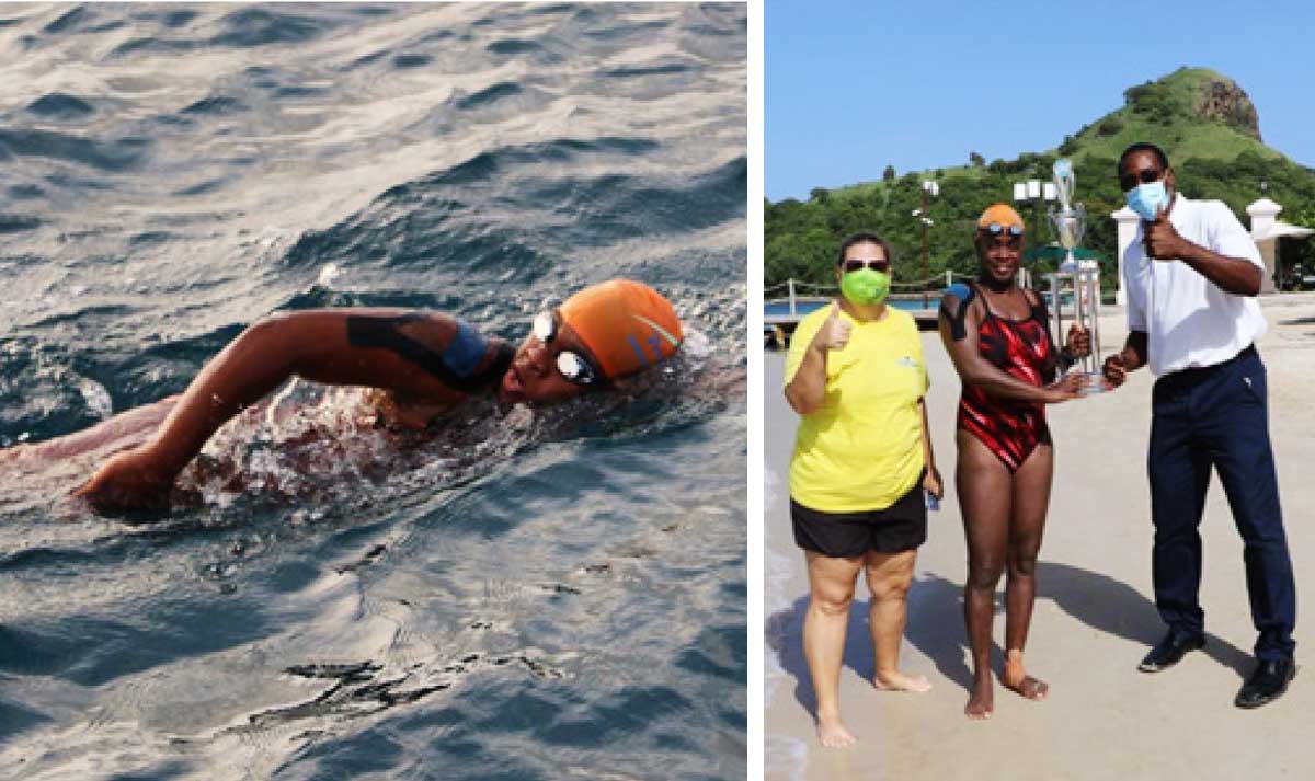 (L-R) Vanessa Eugene on her way to La Roche, Saint Lucia Channel Swim organizer/director, Sue Dyson Vanessa Eugene receiving a trophy for her accomplishment from Terrol Compton, manager of Watersports. (Photo: SD) 