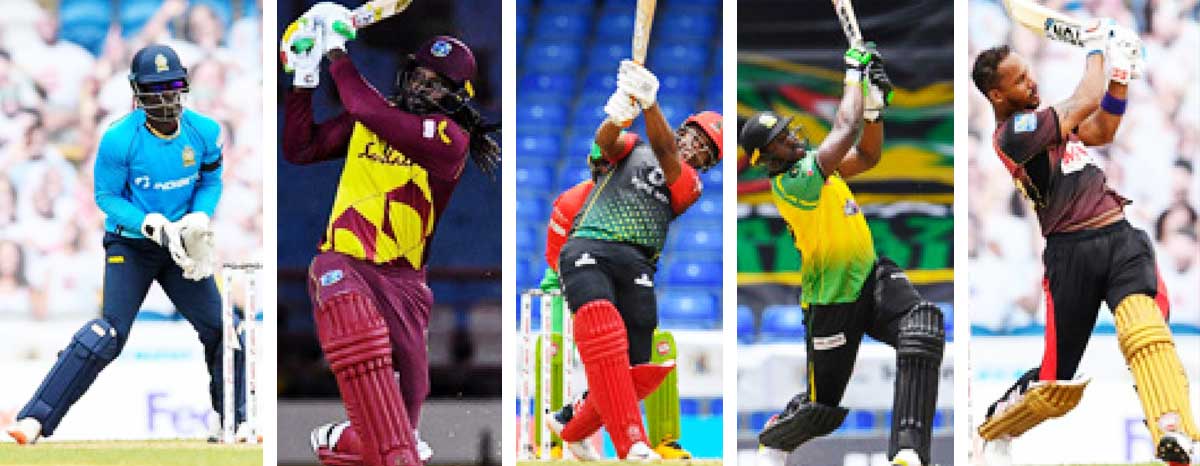 (L-R) Andre Fletcher, Chris Gayle, Evin Lewis, Andre Russell and Lendl Simmons. (PHOTO: CPL T20/AFP)