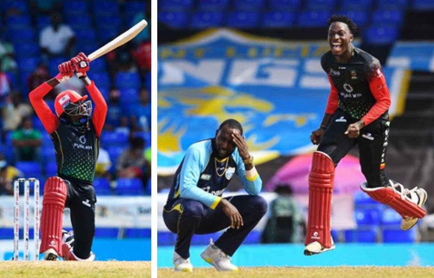 (L-R) Dominic Drakes carves one over the off side, Drakes is ecstatic after hitting the winning run off Kesrick Williams. (Photo: CPL T20/ GI)