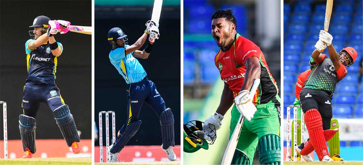 (L-R) Fab du Plessis (120 not out), Roston Chase (51 not out), Chanderpaul Hemraj (105 not out), and Evin Lewis (73). (Photo: CPL T20/ GI/ Randy Brooks)