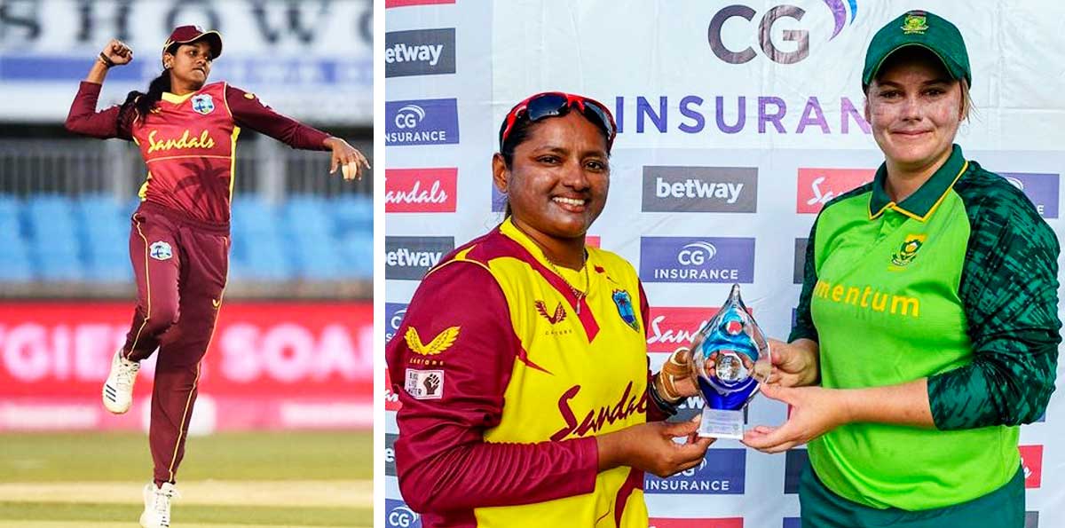 (L-R) Karishma Ramharack picked up a career best 3 for 8 against South Africa, West Indies captain Anisa Mohammed and South Africa captain Lizelle Lee share the T20I trophy. (Photo: GI/CWI Media) 