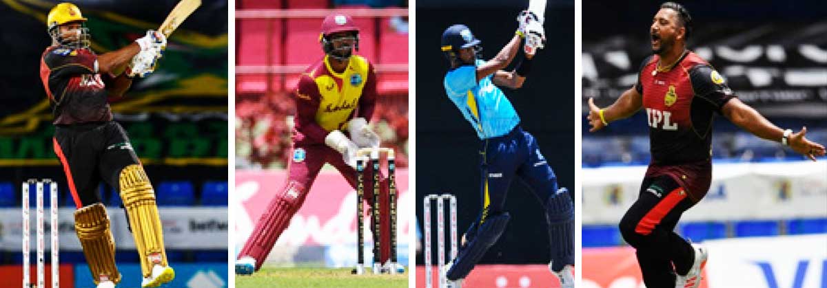 (L-R) ) Kieron Pollard (captain), Nicholas Pooran (vice -captain), top order batsman Roston Chase and fast bowler Ravi Rampaul. (PHOTO: CPL T20/Randy Brooks/GI)