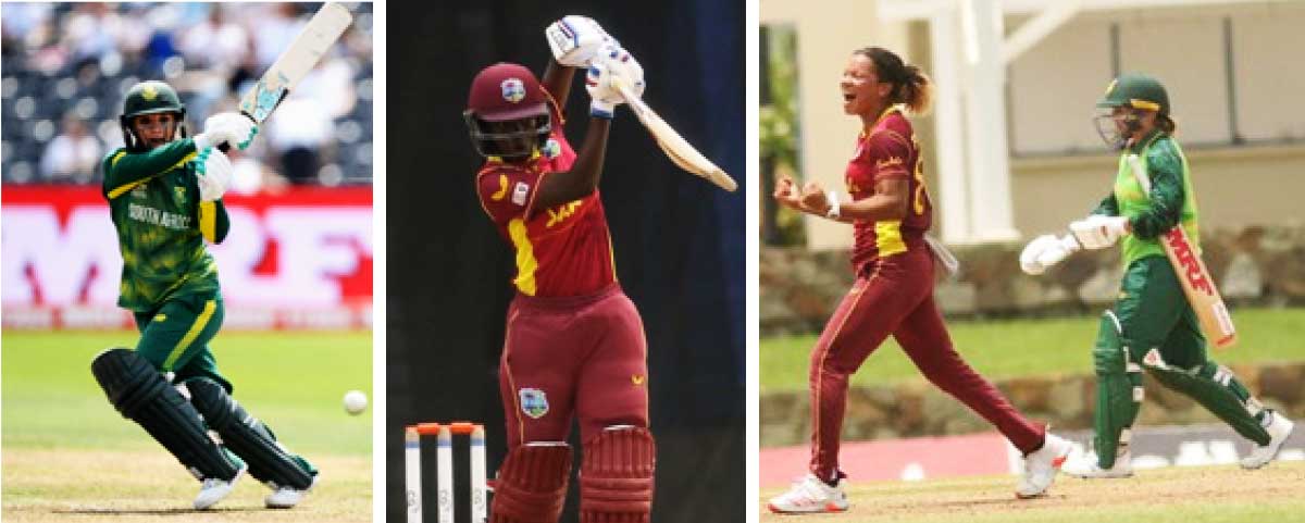 (L-R) Mignon du Preez top scored for South Africa (65), West Indies Rashada Williams top scored with (42) and Cherry Ann Fraser celebrate her first wicket on debut. (Photo: Getty Images/ CWI)