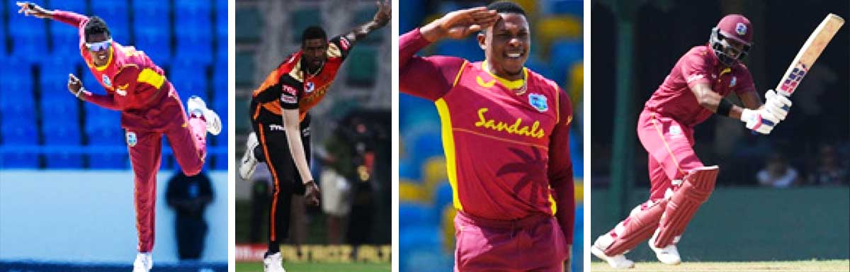 (L-R) Reserves - Akeal Hosein, Jason Holder, Sheldon Cottrell and Darren Bravo. (PHOTO: CWI/ BCCI/ AFP) 