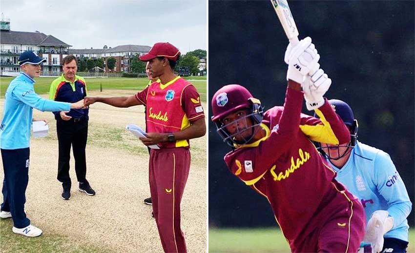 (L-R) The two captains knock fists after the toss, Teddy Bishop top scored for the West Indies with 97 not out. (Photo: GI)