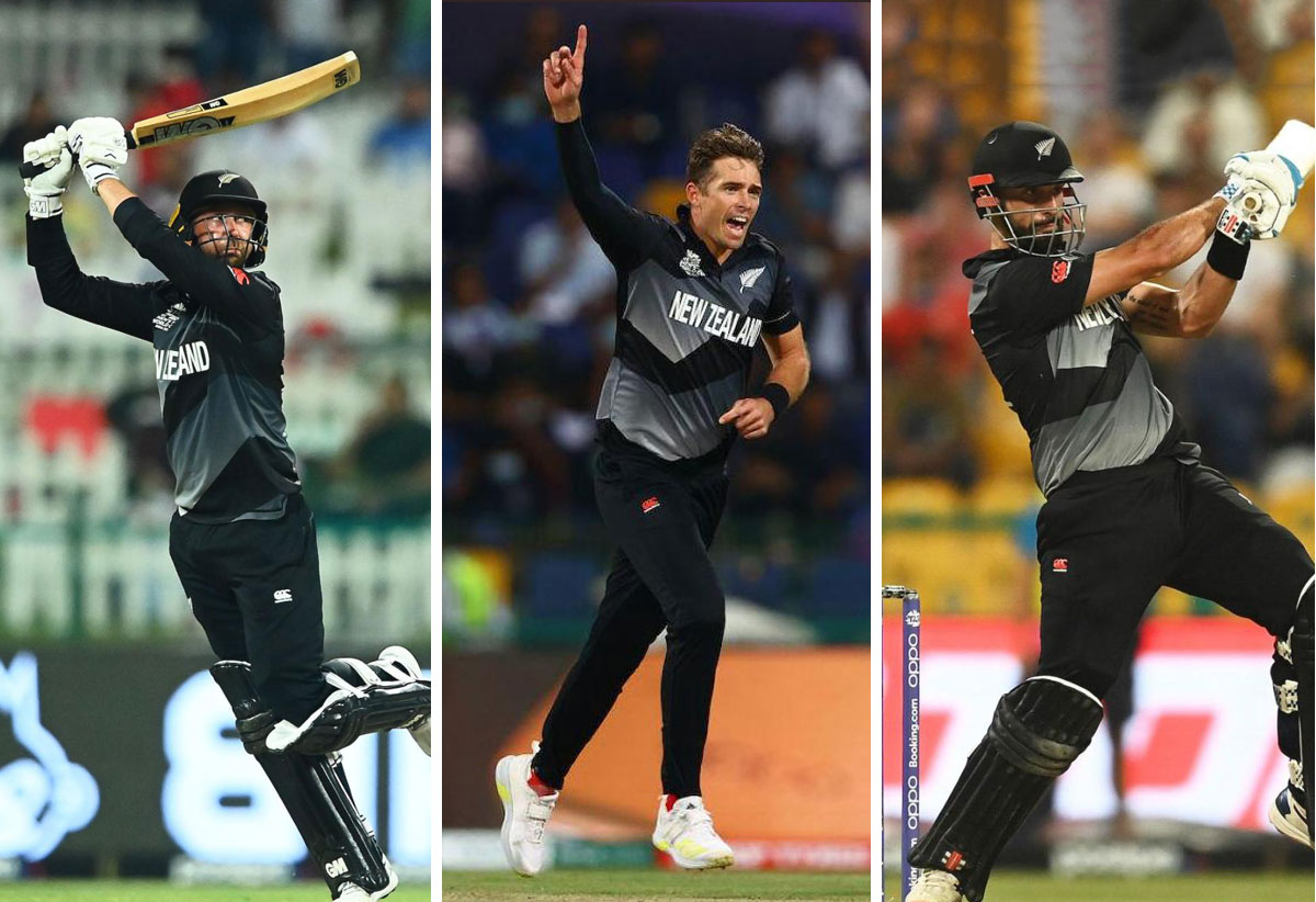 (L-R) New Zealand Daryl Mitchell, Devon Conway and Tim Southee (Photo: ICC/GI)