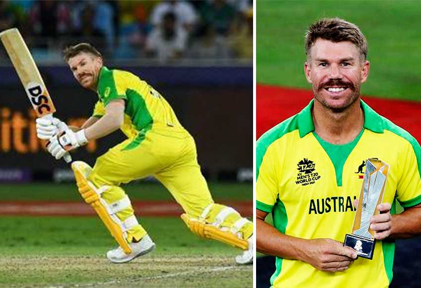 (L-R) David Warner goes for the switch; David Warner is all smiles with his Player-of-the-Tournament trophy (Photo: AP/ GI)