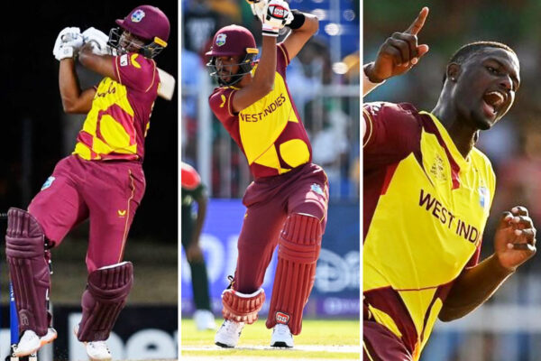 (l-r) West Indies opening batter Evin Lewis, top order batter Roston Chase and all rounder Jason Holder (Photo: AFP/GI)
