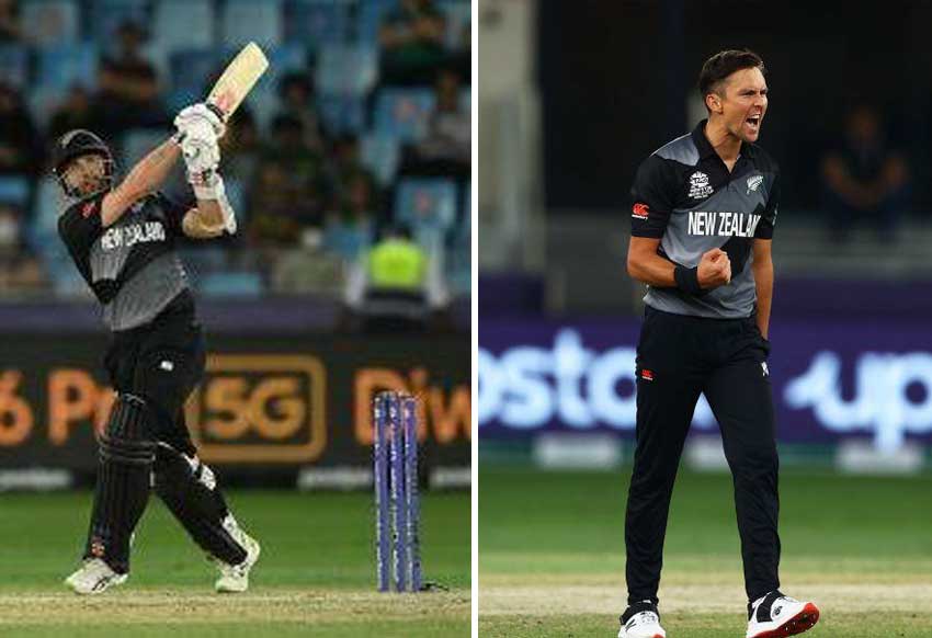 (L-R) Kane Williamson takes the aerial route; Trent Boult is thrilled after dismissing Aaron Finch (Photo: (ICC/GI )