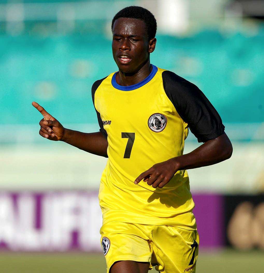 Saint Lucia No.7 Keygan Caull scored a hat trick against Saint Martin on the opening day (Photo: CONCACAF)