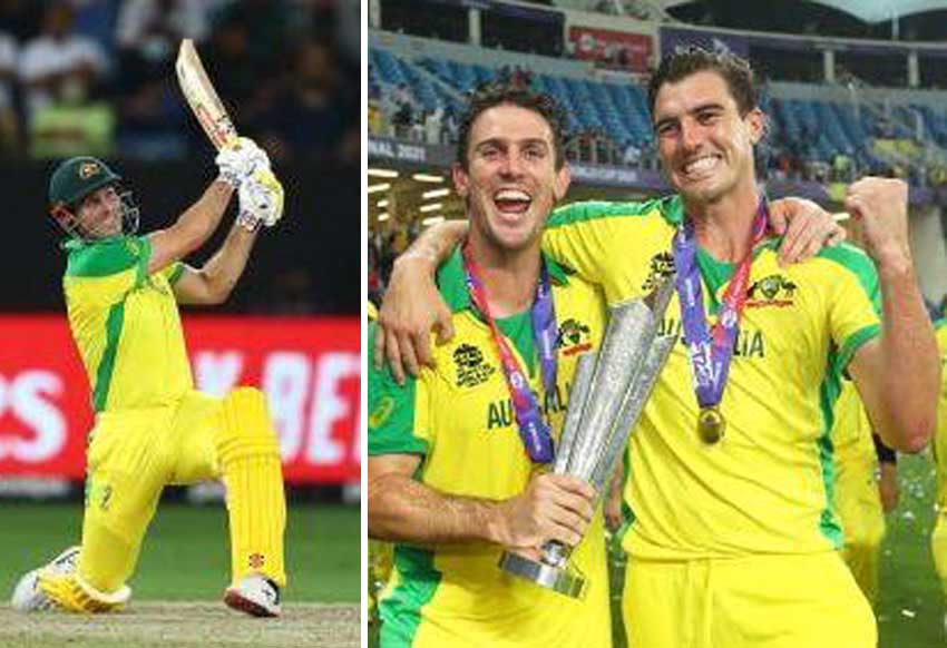 (L-R) Mitchell Marsh goes big during his match-winning innings, Mitchell Marsh and Pat Cummins celebrate with the trophy (Photo: ICC/GI)