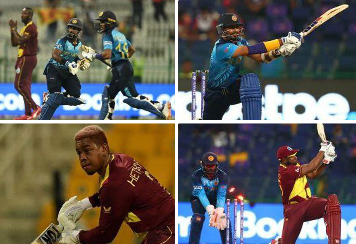 (l-r) Pathum Nissanka 51 and Charith Asalanka 68 put on 91 for the second wicket, Dasun Shanaka 25 not out (Photo: AFP/Getty Images); Kieron Pollard bowled by DE Silva for 0, Shimron Hetmyer 81 not out (Photo: AFP/ Getty Images)