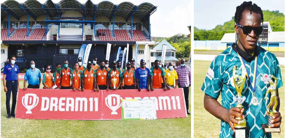 (L-R) Choiseul SLNCA T10 champions; MVP of the tournament and Most Wicket taker 12) Lance Sammy, Micoud Eagles. (Photo: Anthony De Beauville) 