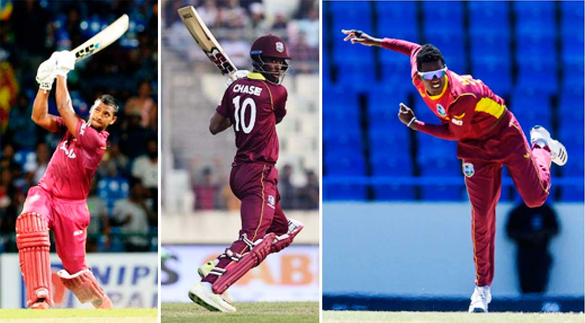 (L-R) Nicholas Pooran, Roston Chase and Akeal Hosein. (Photo: Photo: AFP)