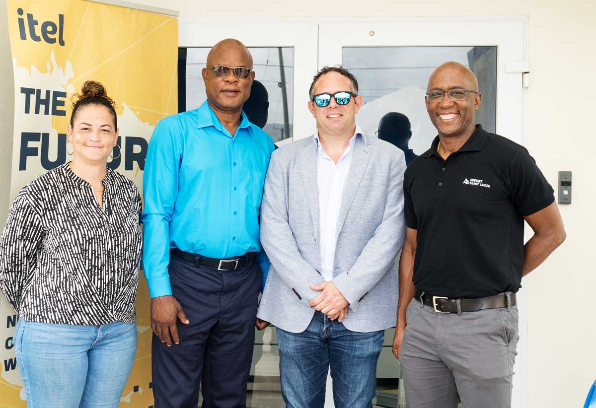 itel's Founding Chairman and CEO, Yoni Epstein (3rd left) and Project Manager, Lisa Lawrence (l) are flanked by Michael Willus, Deputy Chairman of Invest Saint Lucia (2nd left) and Roderick Cherry, CEO of Invest Saint Lucia following the ribbon cutting ceremony which celebrates the completion of itel's third facility in the Hewanorra Freezone.