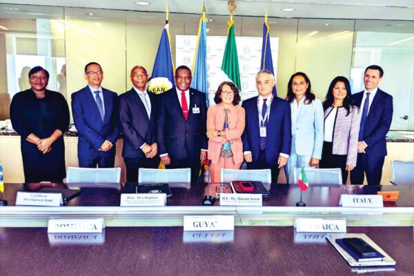 Antonella Baldino, (third right) Chief International Development Finance Officer at the Cassa Depositi e Prestiti (CDP) Group and Dr Hyginus "Gene" Leon (third left), President of the Caribbean Development Bank (CDB) pose with the respective members of the delegations representing Italy and the Caribbean at the signing of a €50 million financing agreement between CPD and CDB. The financing will support construction of sustainable infrastructure and protection of natural ecosystems in the Caribbean. The agreement was signed recently at the premises of the Permanent Mission of Italy to the United Nations in New York.