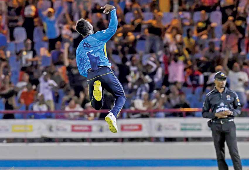 Matthew Forde leaps for joy in his brilliant wicket- taking spell at the DSCG.