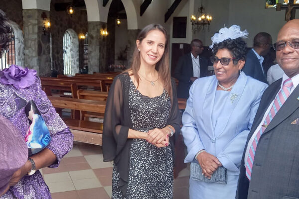 Acting Governor General Errol Charles (right) and Mrs Charles (2nd from right) with Governor General Emerita Dame Pearlette Louisy (left) and Venezuelan Ambassador to Saint Lucia Lieff Escalona (center).