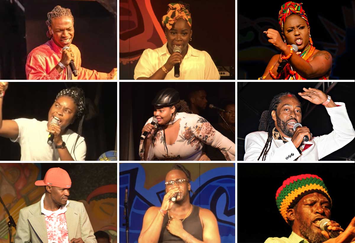 [L-R] Mighty Sizzler from Fire One calypso Tent, Mystic from Kaiso Pro’s Calypso Tent, Oshun from the South Calypso tent, Queen Yadzz also from the south tent, Ready from Fire One Calypso Tent, TC Brown from Kaiso Pro’s Calypso Tent, Ti Carro from TOT/Soca Village calypso Tent, Ti Blacks from the South calypso Tent and Herb Black from the TOT/Soca Village calypso Tent