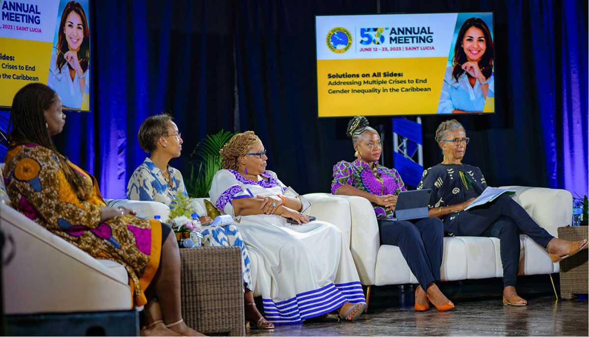 The expert panellists who participated in the Caribbean Development Bank’s (CDB) seminar, entitled “Solutions on All Sides: Addressing Multiple Crises to End Gender Inequality”, (from left) Ms Tamara Huggins, Director of Women’s Voice and Leadership Equality Fund Caribbean, Ms Nicole Pitter Patterson, international trade and gender expert, Ms Michele Irving, President of the Belize National Women’s Commission, Dr Halimah Deshong, Head and Senior Lecturer at the Institute of Development and Gender Studies at the University of the West Indies, Cave Hill, and Ms Judith Wedderburn, board director of Women’s Media Watch Jamaica. The seminar was part of the CDB’s Annual Meeting, held recently in Saint Lucia. It was staged to find solutions to counter the setbacks from the recent challenges and crises which slowed progress on gender equality, social equity, and access to justice.