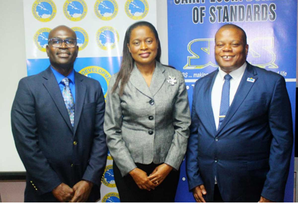 (l-r) Michel Thomas, Senior Operations Officer, CDB; Sophia Henry, Permanent Secretary, Ministry of Commerce, Manufacturing, Business Development, Cooperatives and Consumer Affairs, Saint Lucia and Verne Emmanuel, SLBS Director